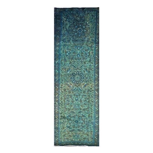 Vintage Persian Distressed Overdye Wool 3x12 Teal, Blue & Brown Handmade Runner Rug # 9901941