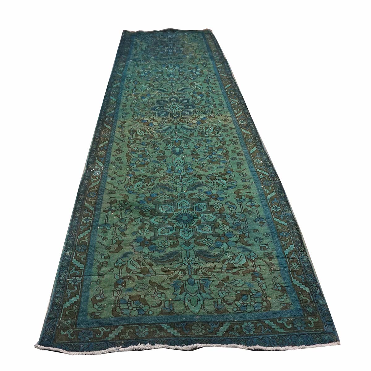 Vintage Persian Distressed Overdye Wool 3x12 Teal, Blue & Brown Handmade Runner Rug # 9901941