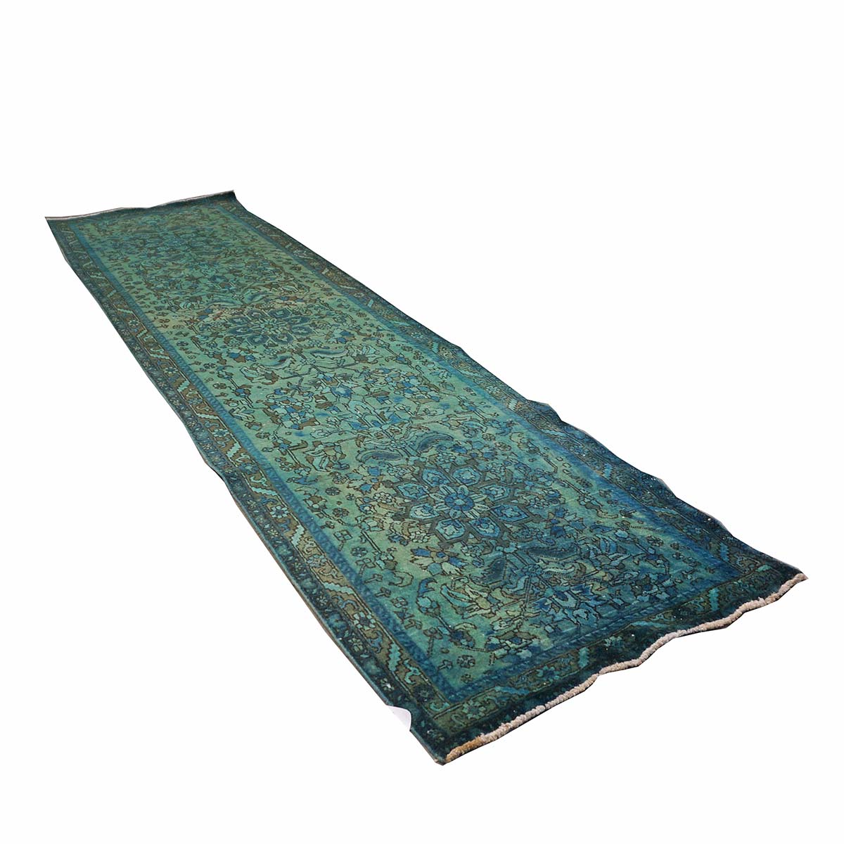 Vintage Persian Distressed Overdye Wool 3x12 Teal, Blue & Brown Handmade Runner Rug # 9901941
