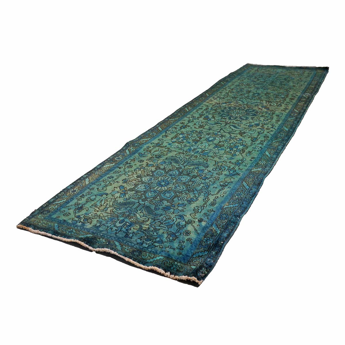 Vintage Persian Distressed Overdye Wool 3x12 Teal, Blue & Brown Handmade Runner Rug # 9901941