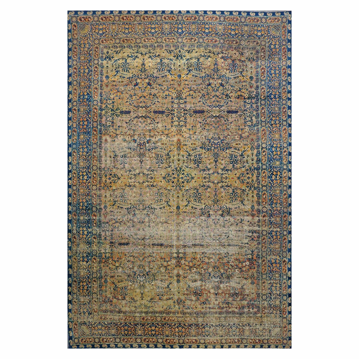Antique Persian Yazd Wool 12x19 Tan & Blue Handmade Area Rug #9902008