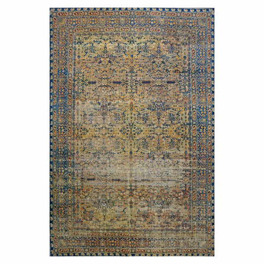 Antique Persian Yazd Wool 12x19 Tan & Blue Handmade Area Rug #9902008