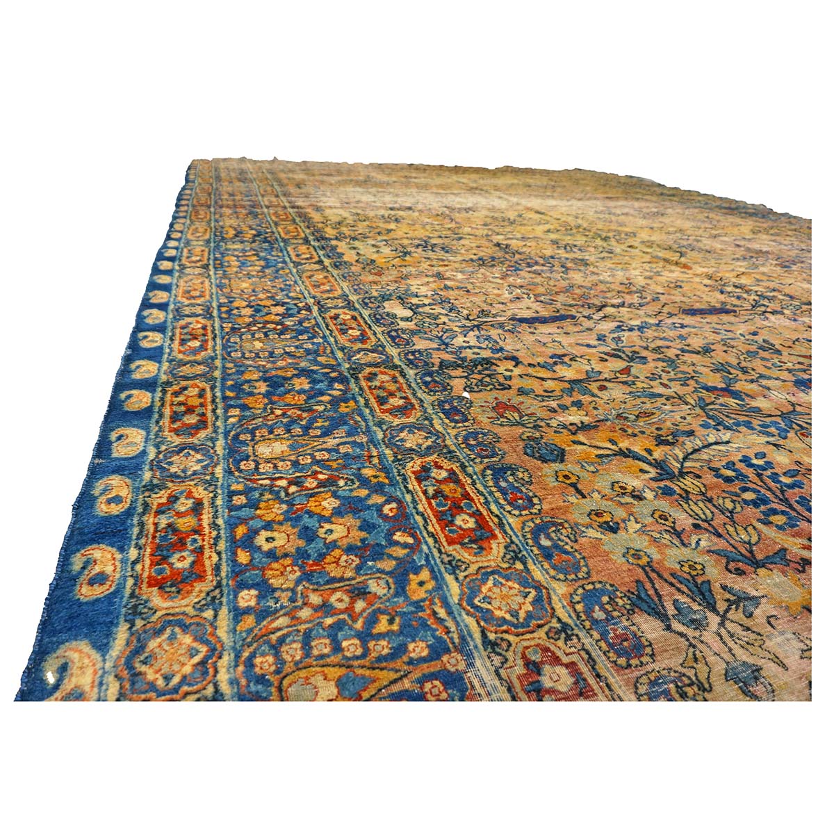 Antique Persian Yazd Wool 12x19 Tan & Blue Handmade Area Rug #9902008