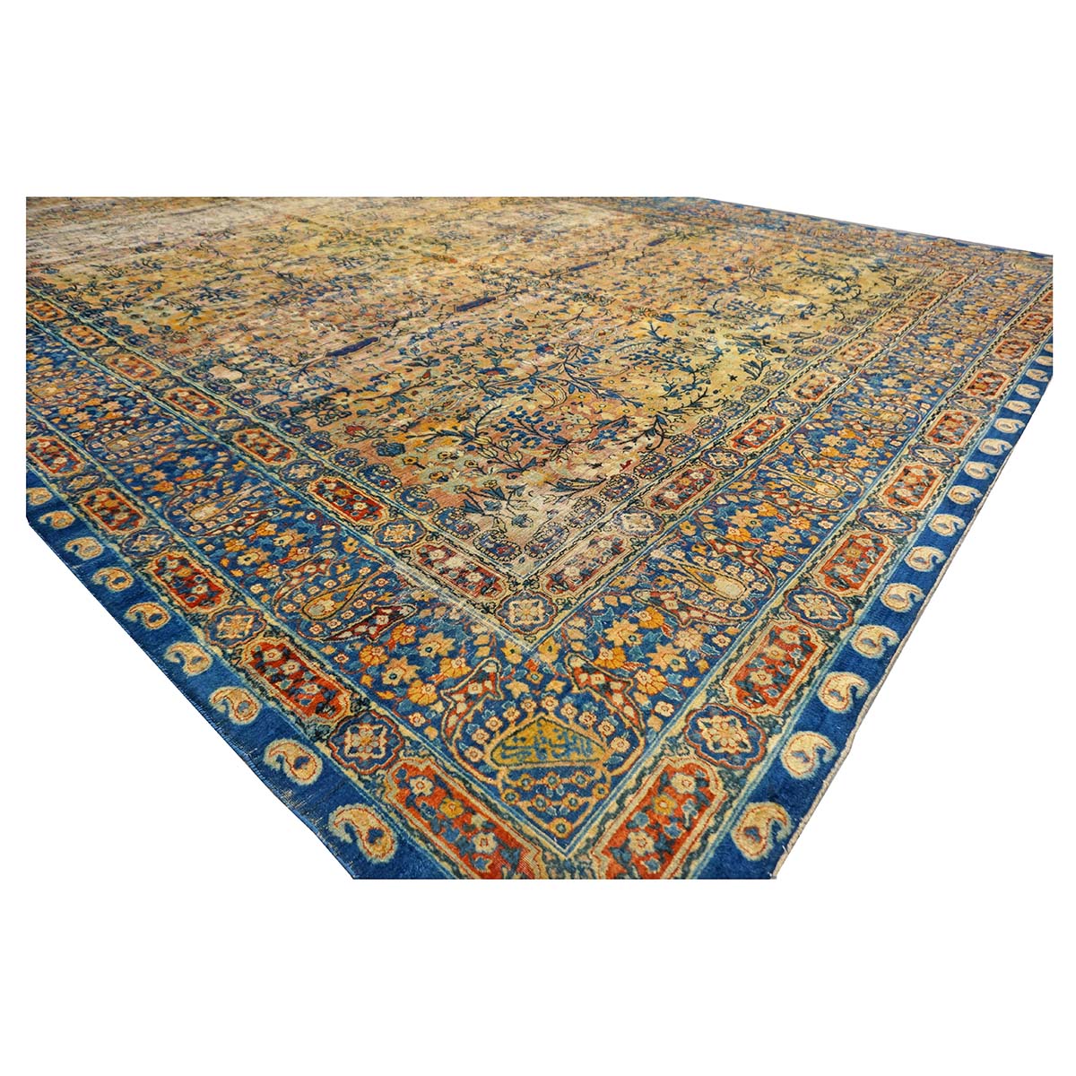 Antique Persian Yazd Wool 12x19 Tan & Blue Handmade Area Rug #9902008