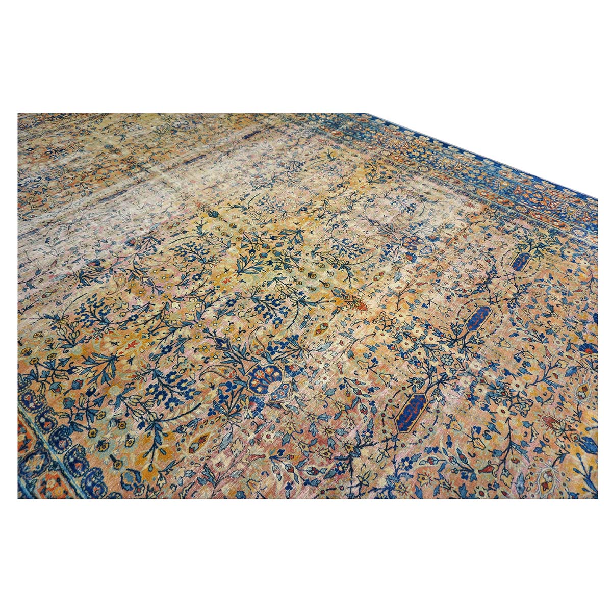 Antique Persian Yazd Wool 12x19 Tan & Blue Handmade Area Rug #9902008