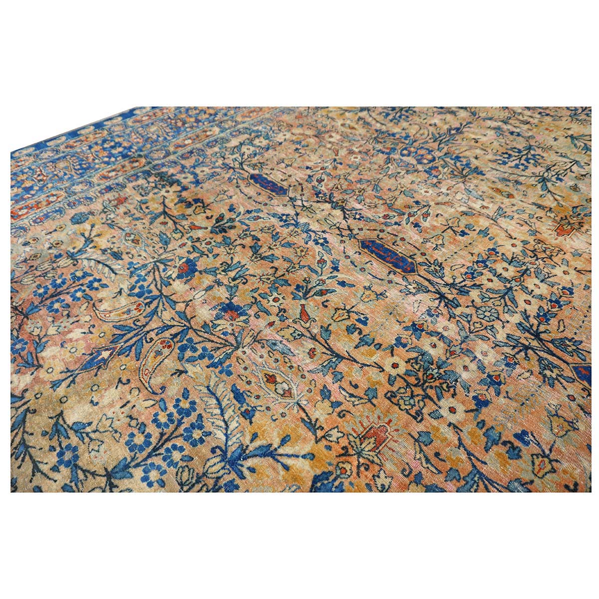 Antique Persian Yazd Wool 12x19 Tan & Blue Handmade Area Rug #9902008