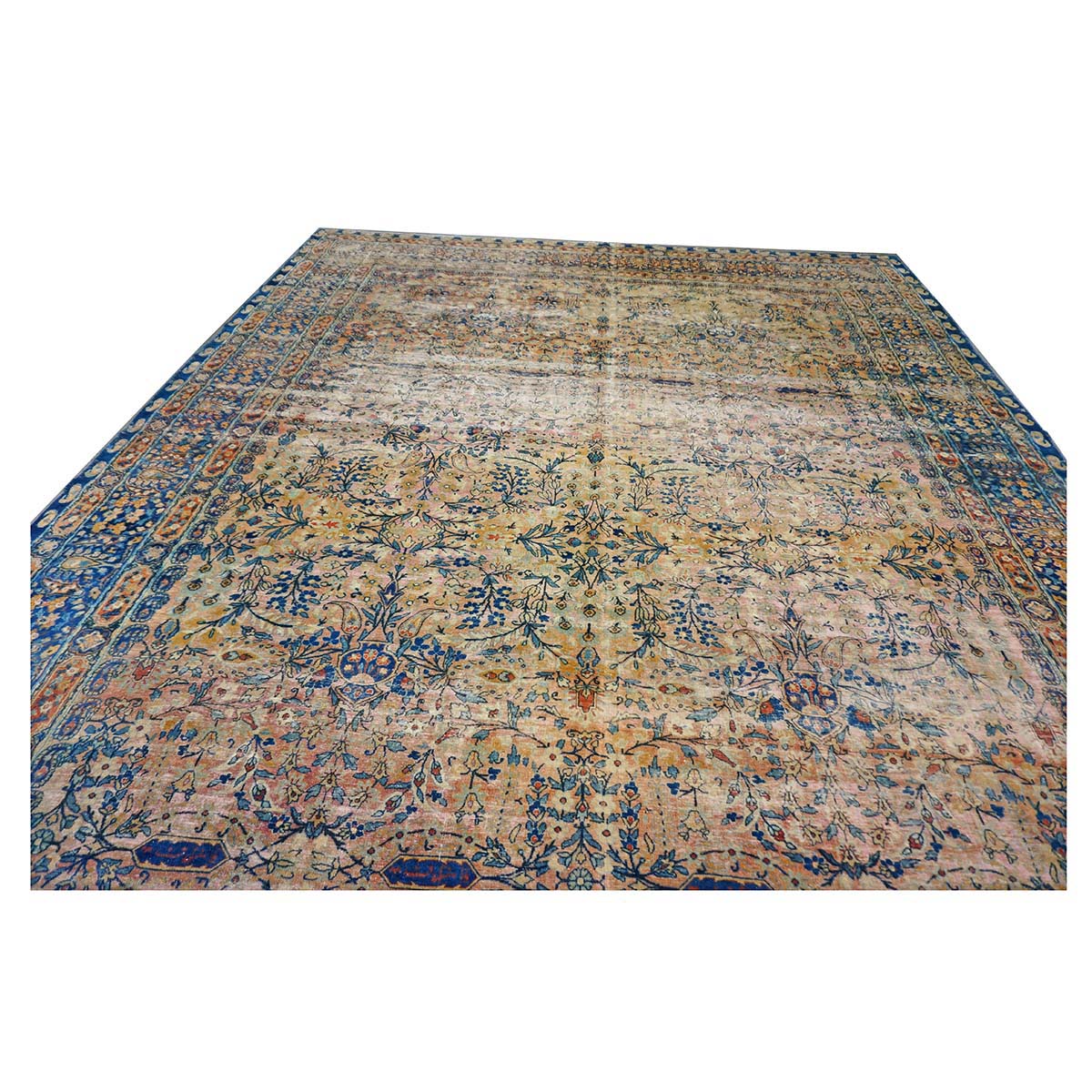 Antique Persian Yazd Wool 12x19 Tan & Blue Handmade Area Rug #9902008
