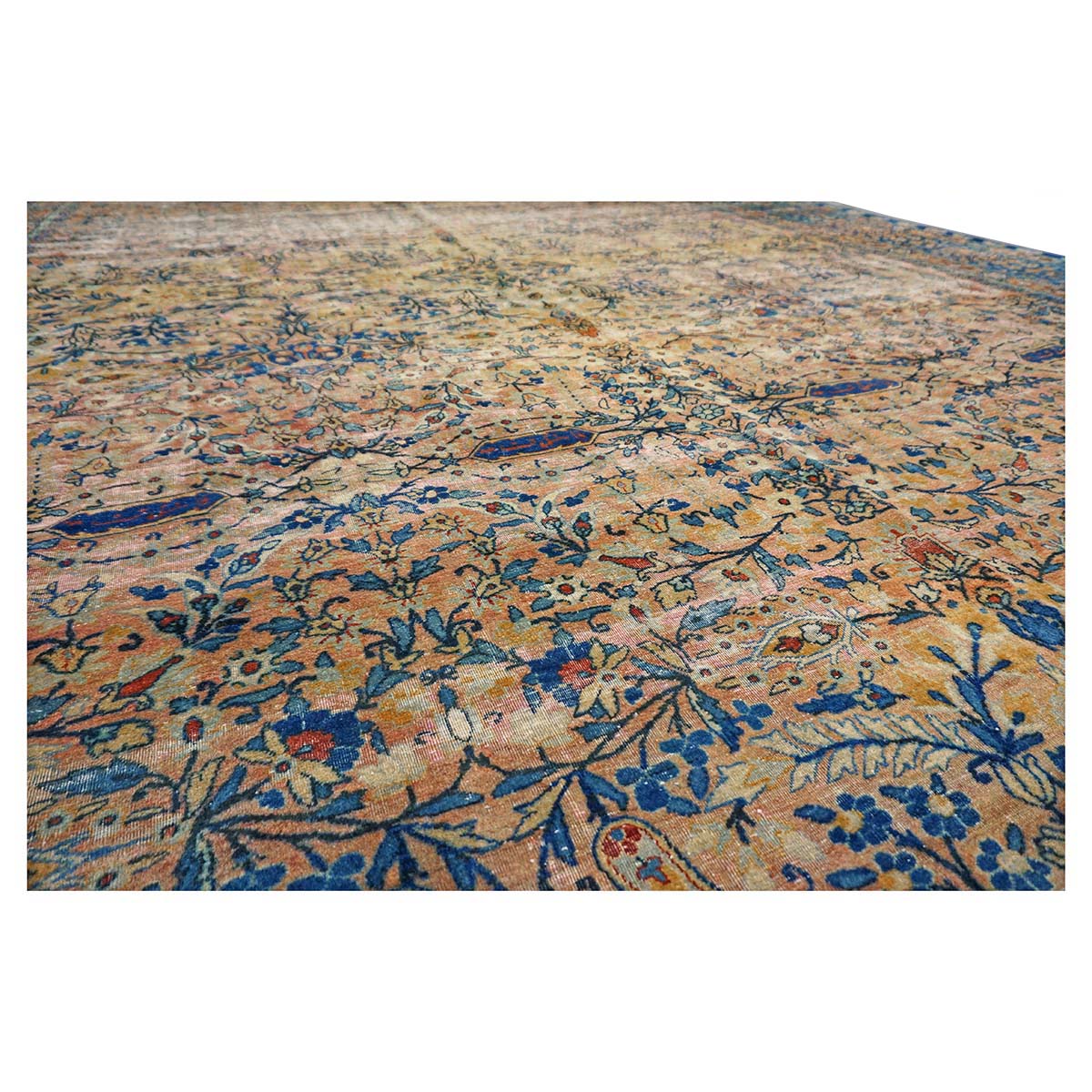 Antique Persian Yazd Wool 12x19 Tan & Blue Handmade Area Rug #9902008