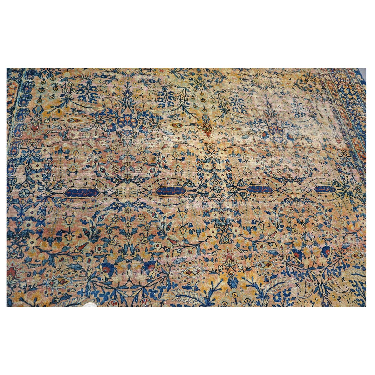 Antique Persian Yazd Wool 12x19 Tan & Blue Handmade Area Rug #9902008