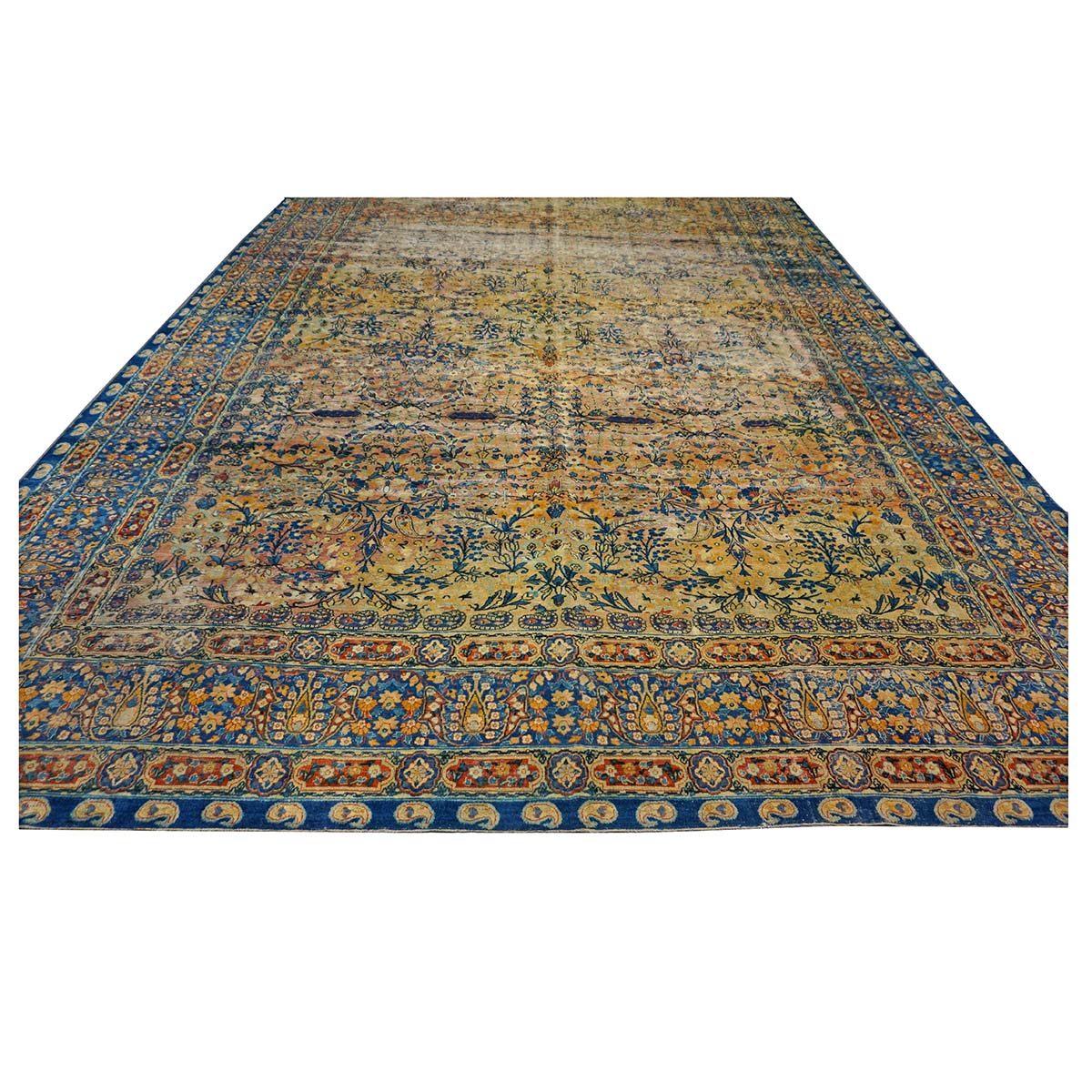 Antique Persian Yazd Wool 12x19 Tan & Blue Handmade Area Rug #9902008
