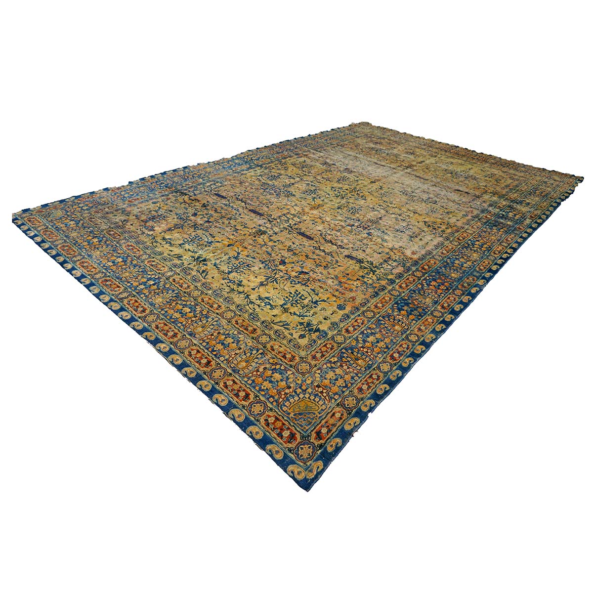 Antique Persian Yazd Wool 12x19 Tan & Blue Handmade Area Rug #9902008
