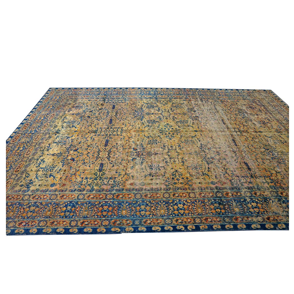 Antique Persian Yazd Wool 12x19 Tan & Blue Handmade Area Rug #9902008