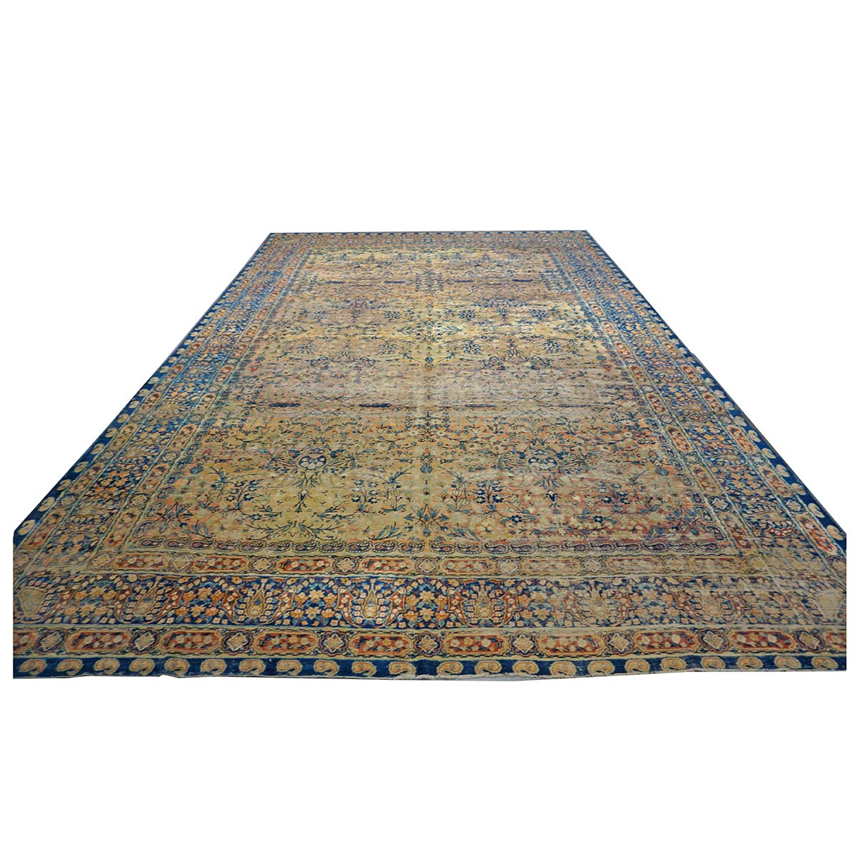 Antique Persian Yazd Wool 12x19 Tan & Blue Handmade Area Rug #9902008
