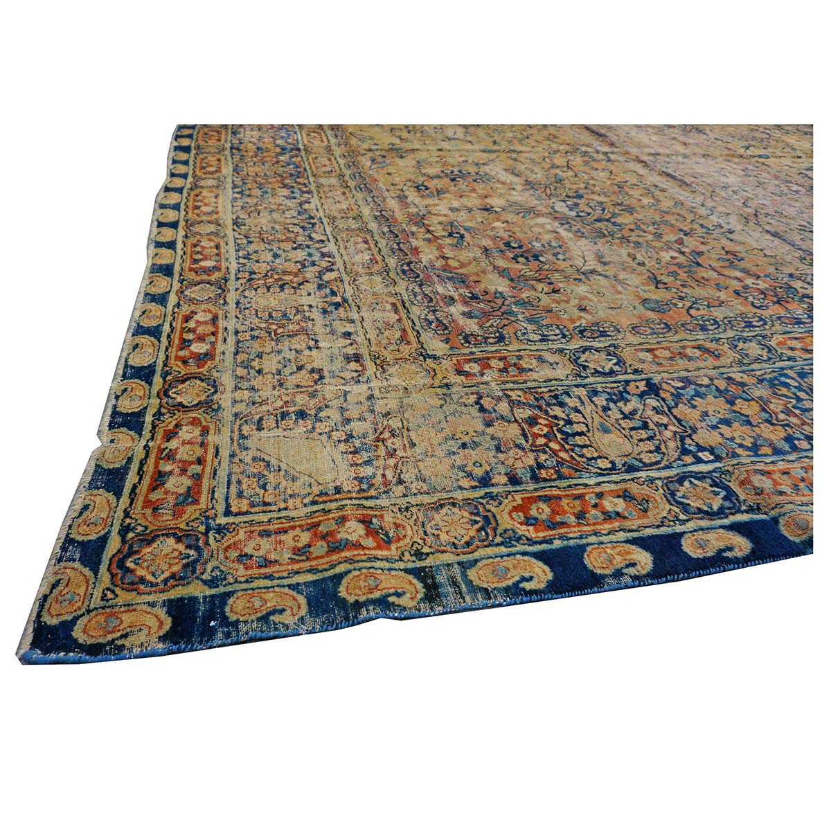 Antique Persian Yazd Wool 12x19 Tan & Blue Handmade Area Rug #9902008