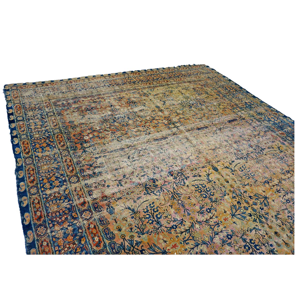 Antique Persian Yazd Wool 12x19 Tan & Blue Handmade Area Rug #9902008