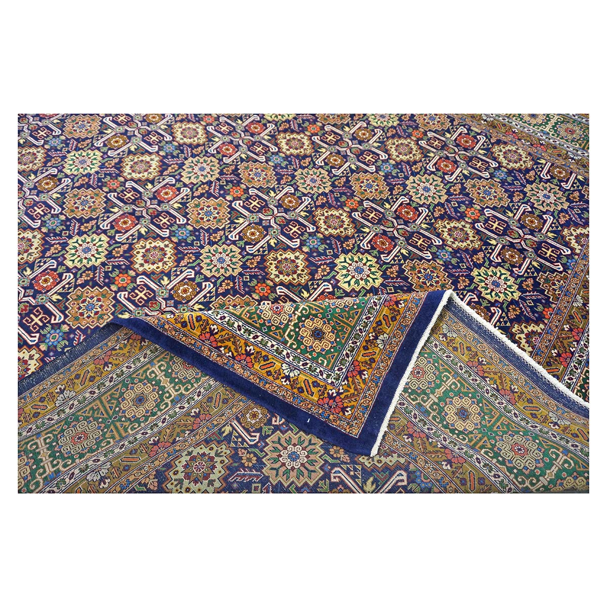 Antique Persian Tabriz Gobeh Wool 8x11 Navy, Yellow & Green Handmade Area Rug #9902032