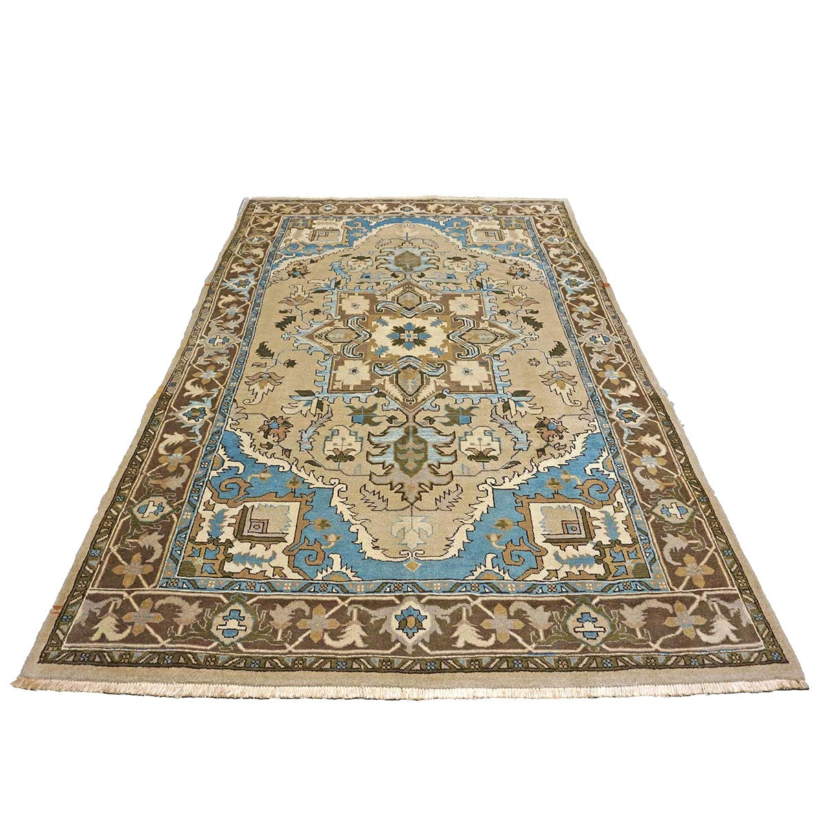 Persian Serapi Wool 7x10 Taupe, Light Blue & Brown Handmade Area Rug #9902069