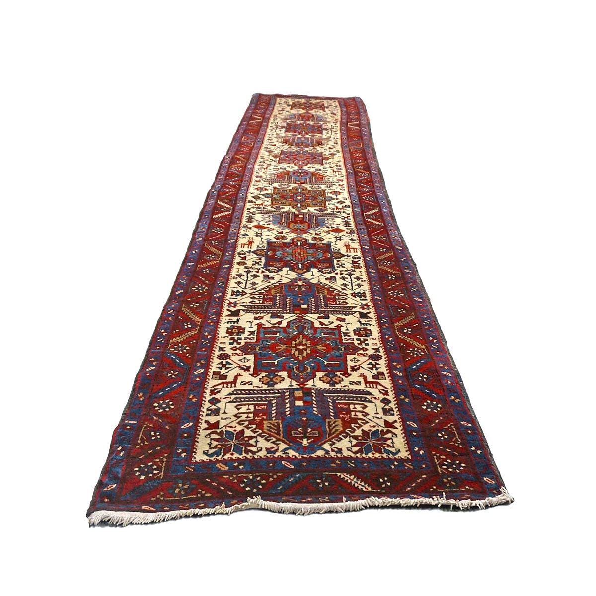 Persian Heriz Wool 3x15 Ivory, Red & Light Blue Handmade Runner Rug #9902071