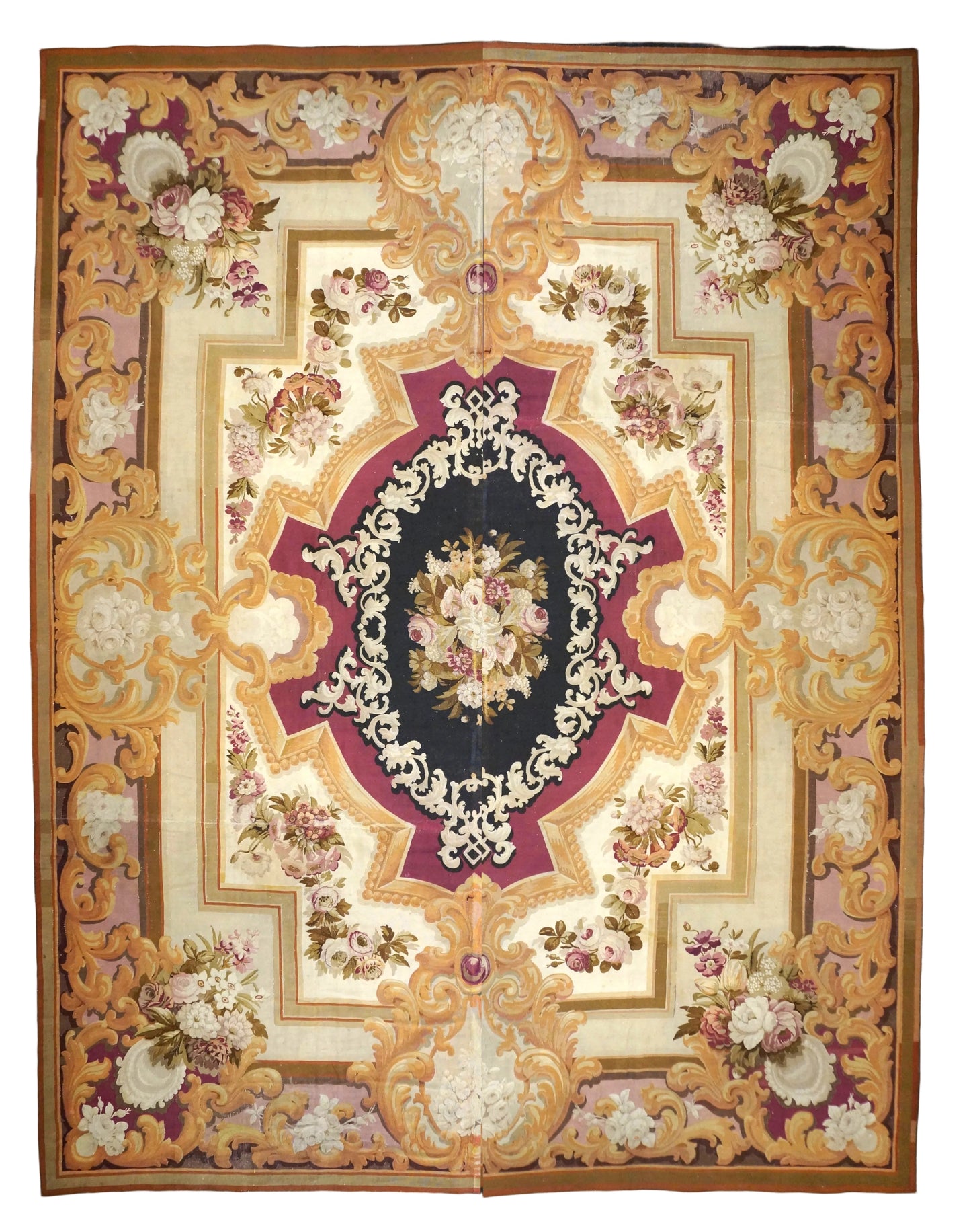 Antique French Aubusson Tapestry 14x17  Ivory, Tan & Black Handmade Area Rug #9902078