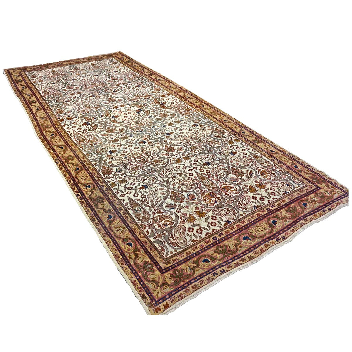 Antique Persian Farahan Wool 6x12 Ivory, Tan & Red Handmade Gallery Rug #9902080