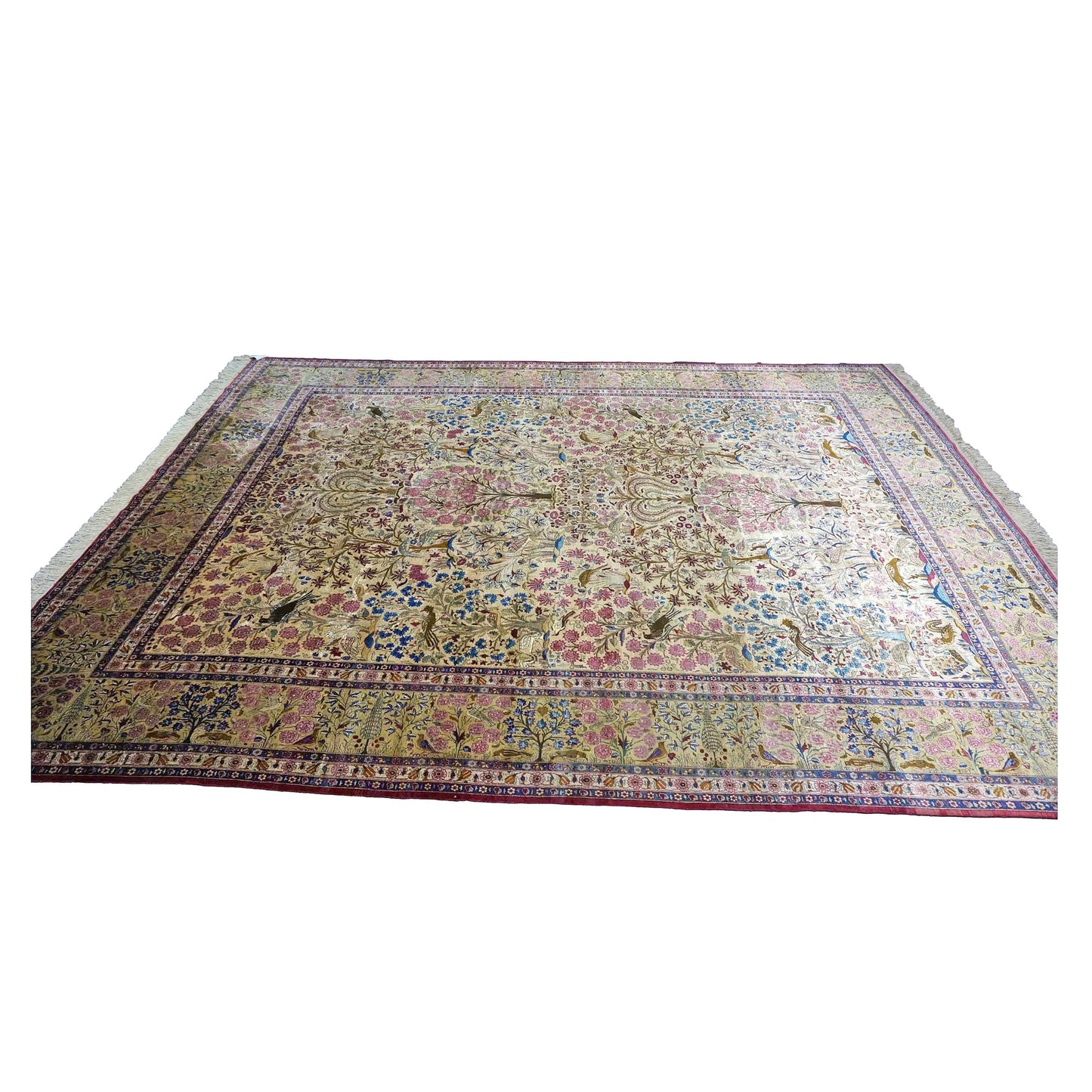 Antique Persian Kashan Silk 10X14 Ivory, Pink, Blue, Green & Brown Handmade Area Rug #9902126