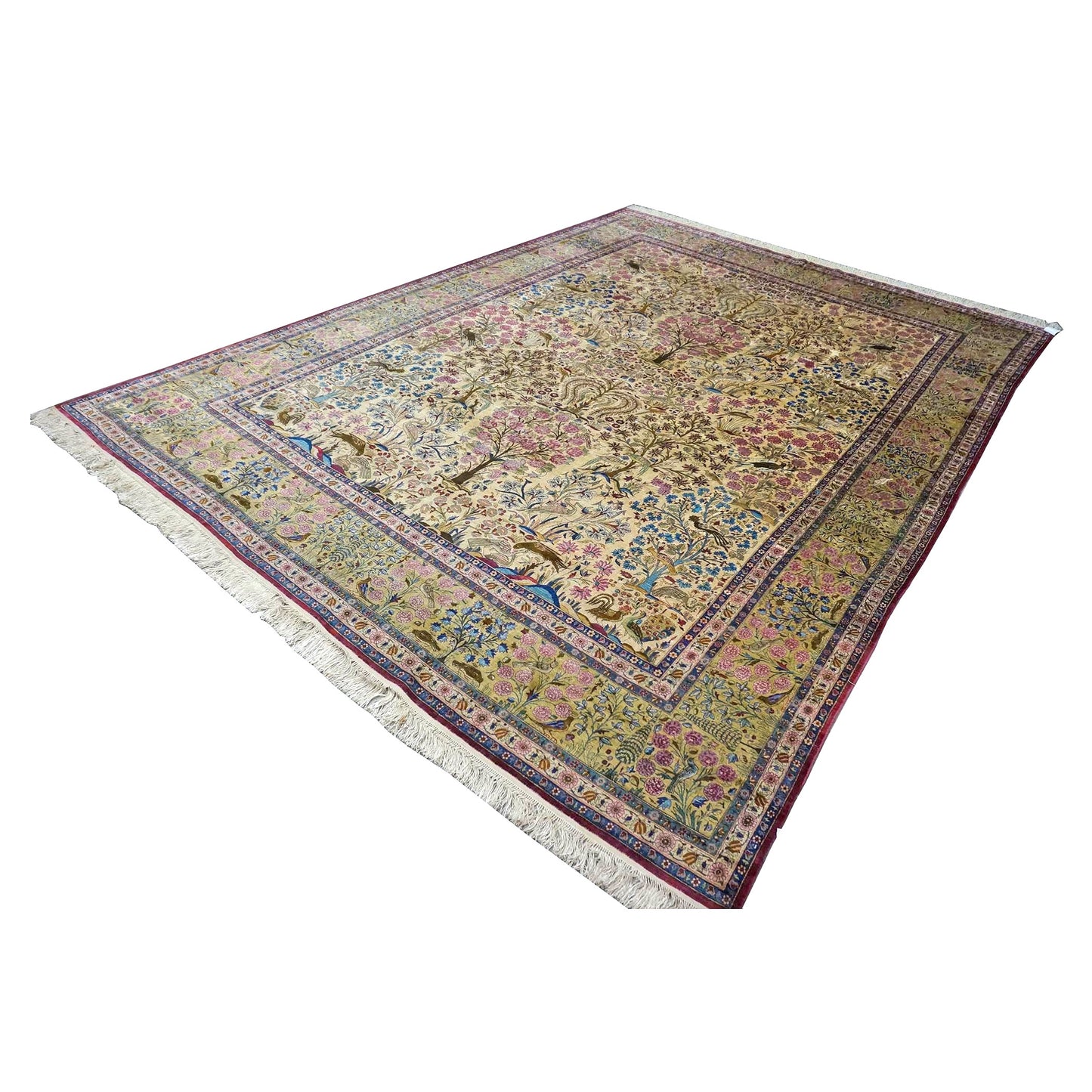 Antique Persian Kashan Silk 10X14 Ivory, Pink, Blue, Green & Brown Handmade Area Rug #9902126