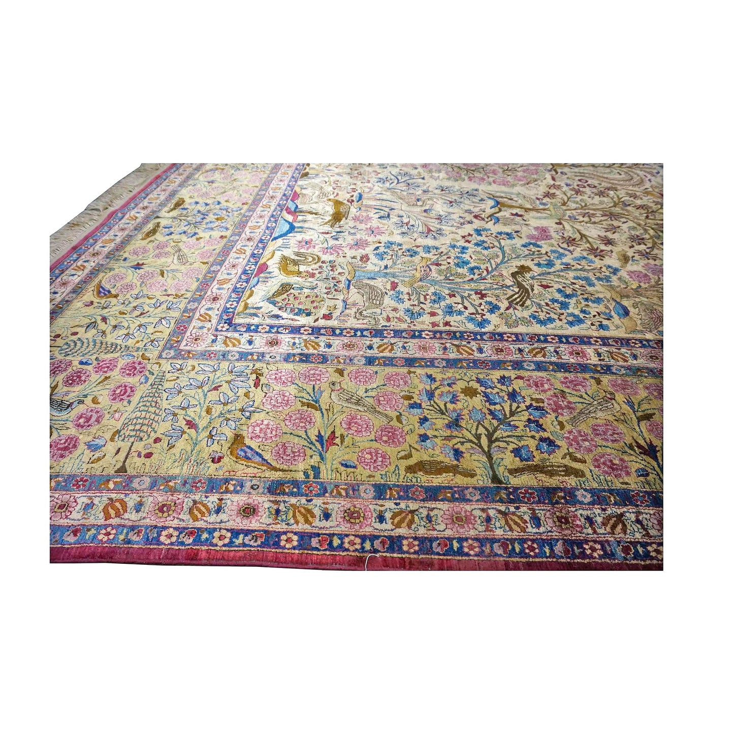 Antique Persian Kashan Silk 10X14 Ivory, Pink, Blue, Green & Brown Handmade Area Rug #9902126