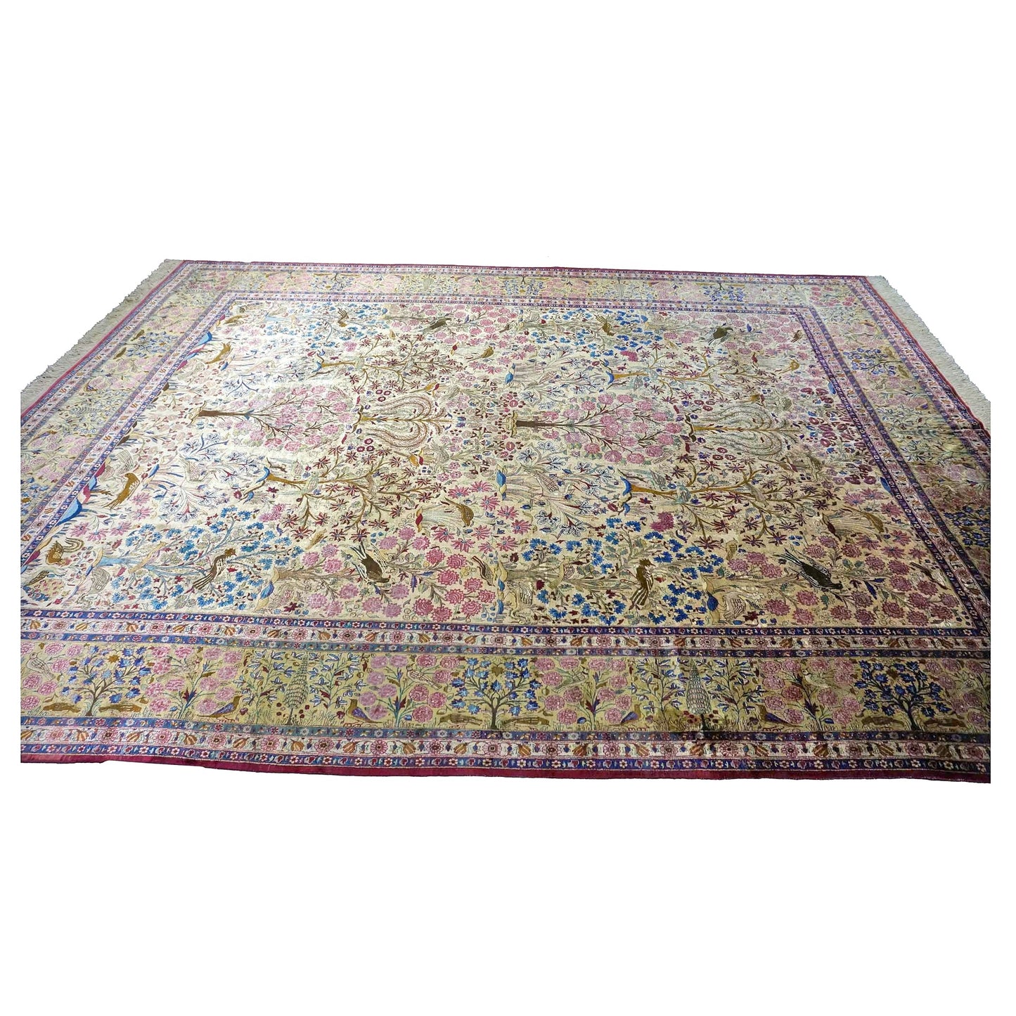 Antique Persian Kashan Silk 10X14 Ivory, Pink, Blue, Green & Brown Handmade Area Rug #9902126