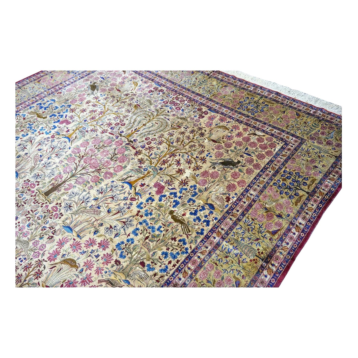 Antique Persian Kashan Silk 10X14 Ivory, Pink, Blue, Green & Brown Handmade Area Rug #9902126