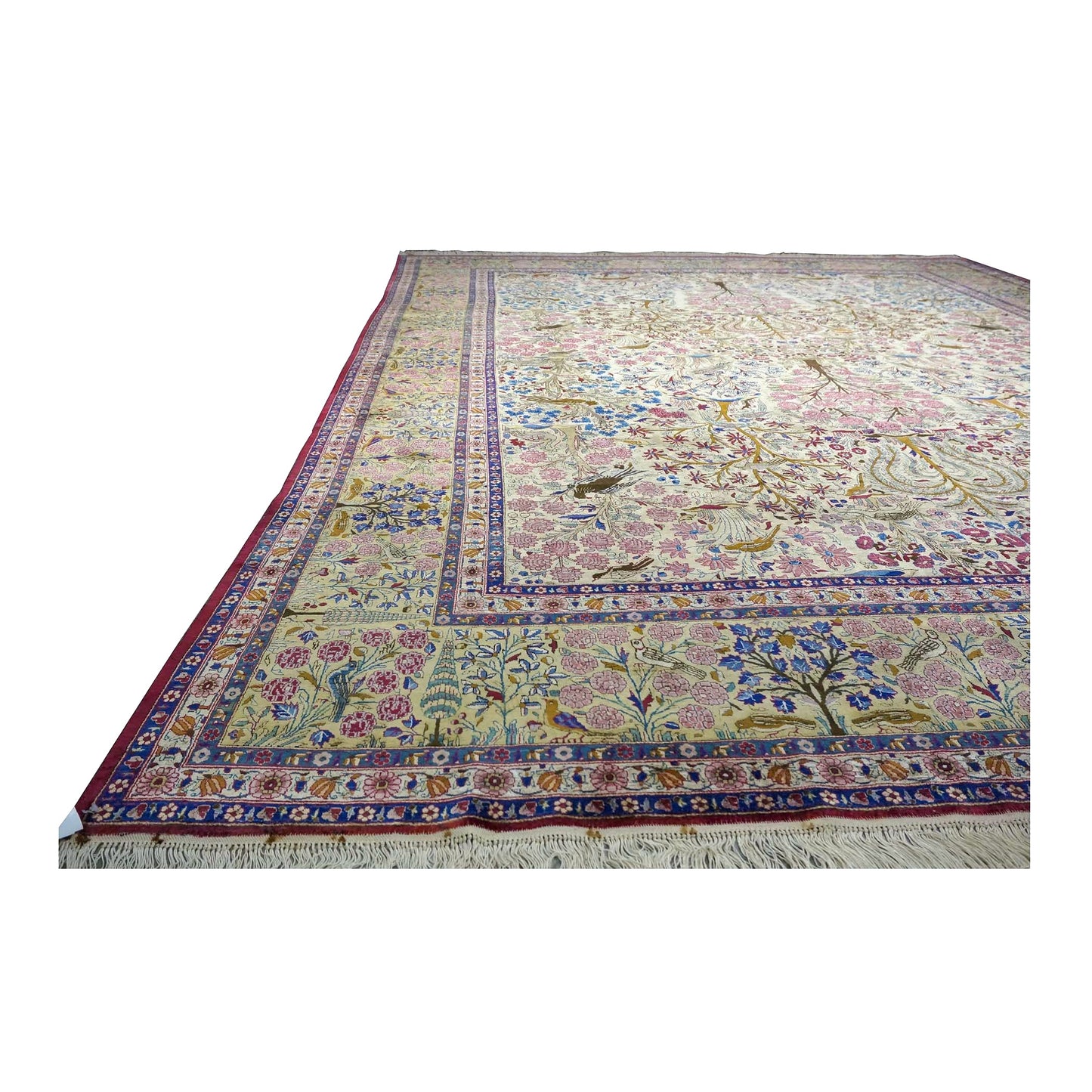 Antique Persian Kashan Silk 10X14 Ivory, Pink, Blue, Green & Brown Handmade Area Rug #9902126