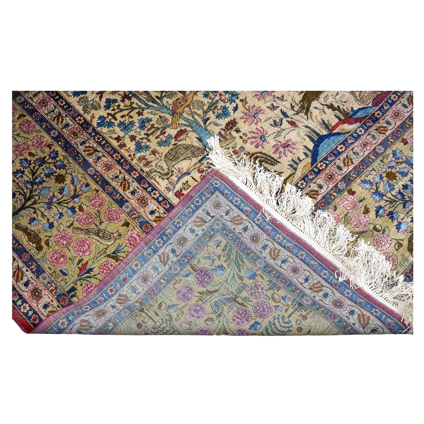 Antique Persian Kashan Silk 10X14 Ivory, Pink, Blue, Green & Brown Handmade Area Rug #9902126