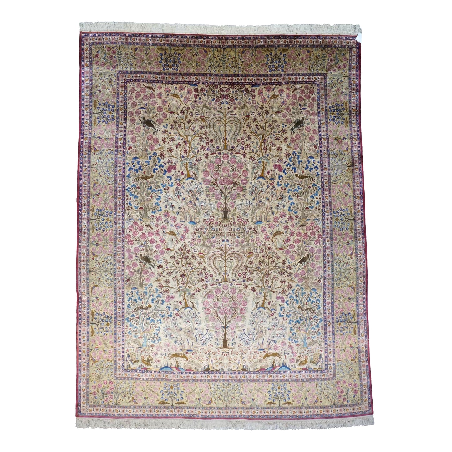 Antique Persian Kashan Silk 10X14 Ivory, Pink, Blue, Green & Brown Handmade Area Rug #9902126
