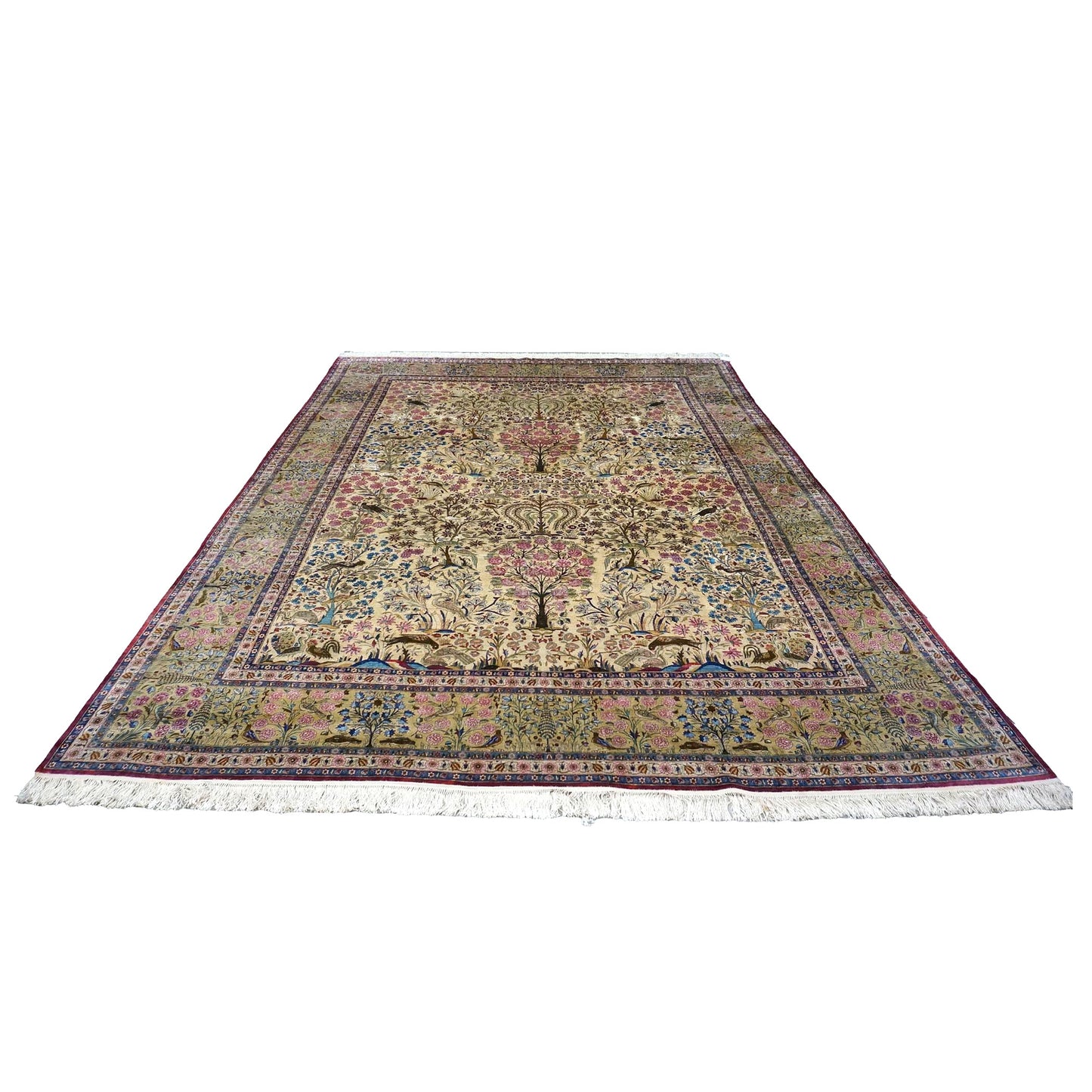 Antique Persian Kashan Silk 10X14 Ivory, Pink, Blue, Green & Brown Handmade Area Rug #9902126