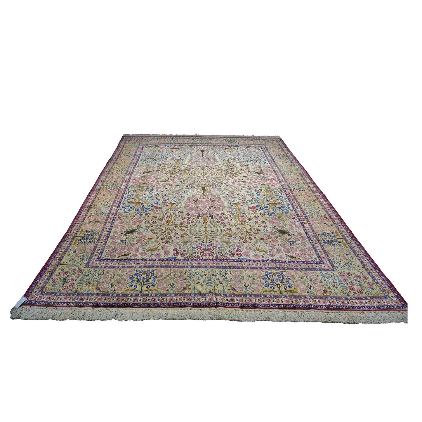 Antique Persian Kashan Silk 10X14 Ivory, Pink, Blue, Green & Brown Handmade Area Rug #9902126