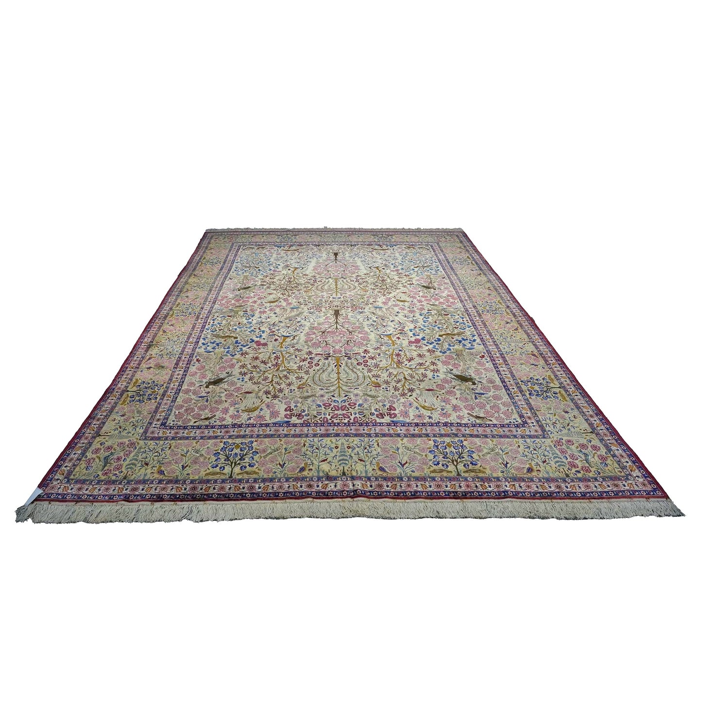 Antique Persian Kashan Silk 10X14 Ivory, Pink, Blue, Green & Brown Handmade Area Rug #9902126