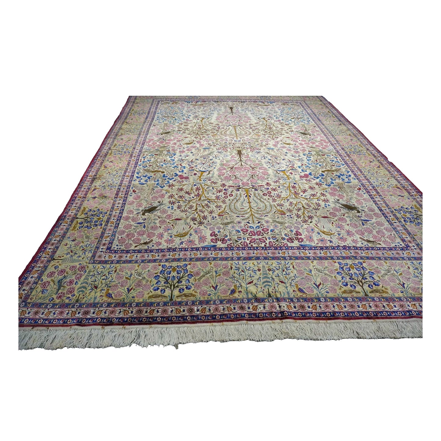 Antique Persian Kashan Silk 10X14 Ivory, Pink, Blue, Green & Brown Handmade Area Rug #9902126