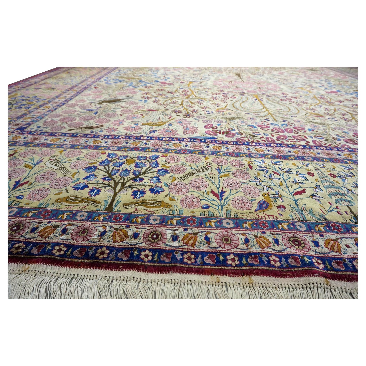 Antique Persian Kashan Silk 10X14 Ivory, Pink, Blue, Green & Brown Handmade Area Rug #9902126
