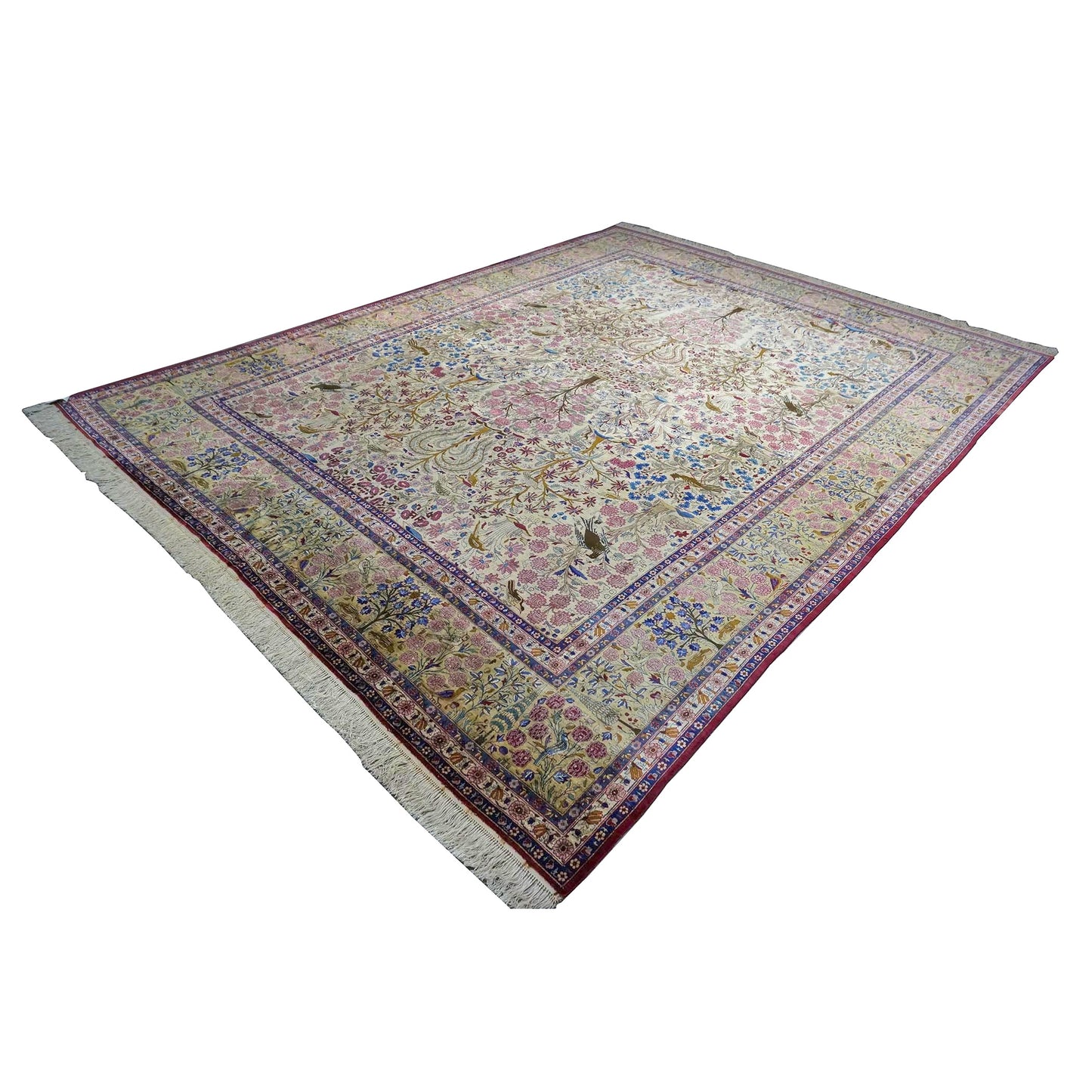 Antique Persian Kashan Silk 10X14 Ivory, Pink, Blue, Green & Brown Handmade Area Rug #9902126
