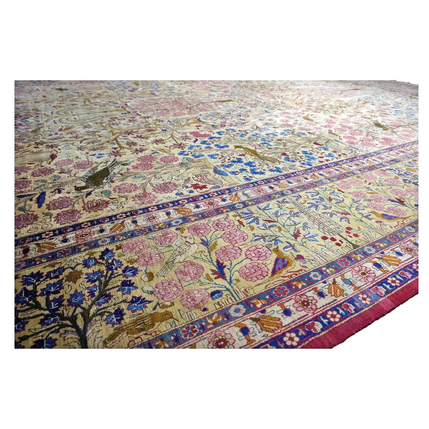 Antique Persian Kashan Silk 10X14 Ivory, Pink, Blue, Green & Brown Handmade Area Rug #9902126