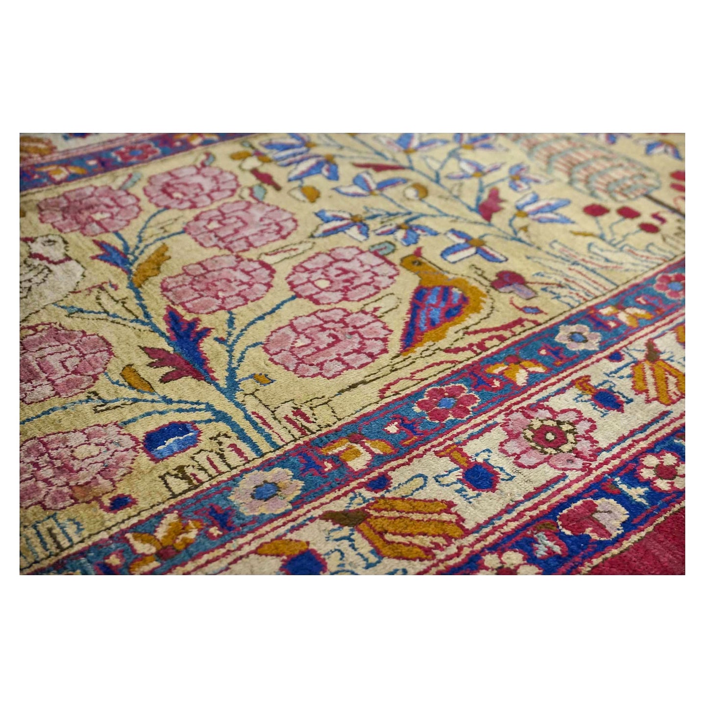 Antique Persian Kashan Silk 10X14 Ivory, Pink, Blue, Green & Brown Handmade Area Rug #9902126