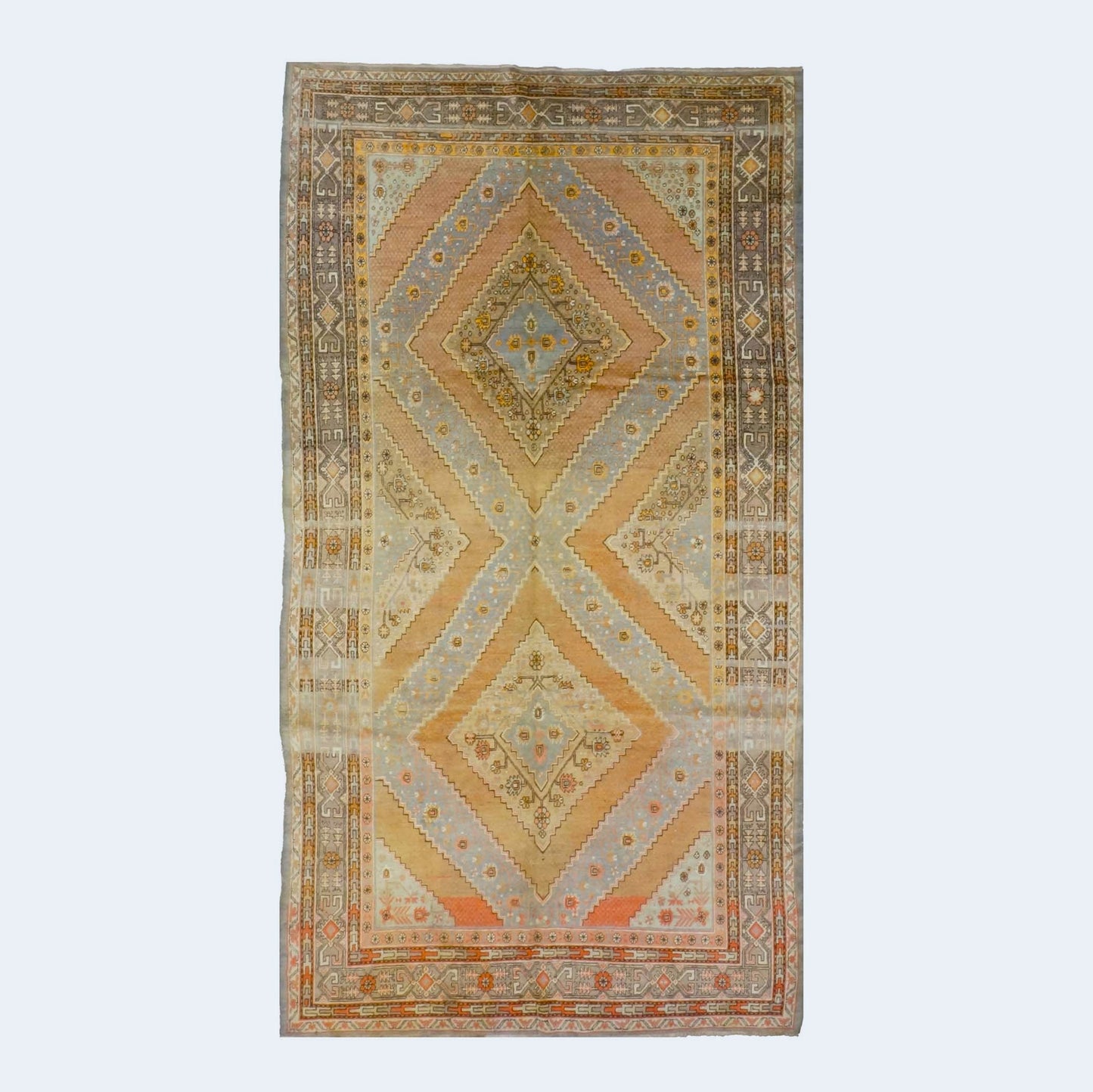 Vintage East Turkestani Khotan Wool 7x13 Taupe, Light Blue & Salmon Handmade Gallery Rug #9902130