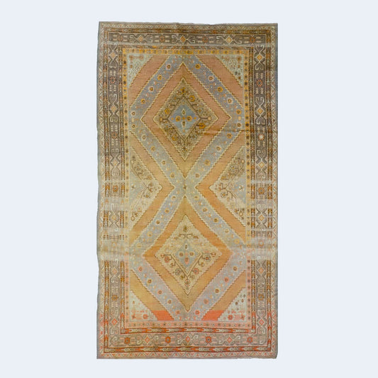 Vintage East Turkestani Khotan Wool 7x13 Taupe, Light Blue & Salmon Handmade Gallery Rug #9902130