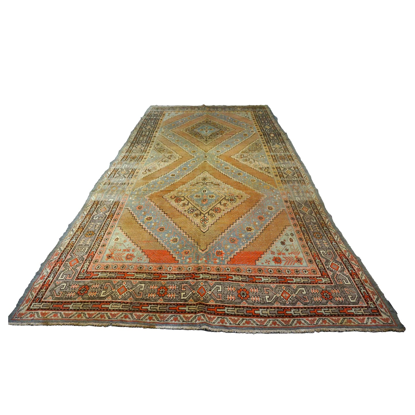 Vintage East Turkestani Khotan Wool 7x13 Taupe, Light Blue & Salmon Handmade Gallery Rug #9902130