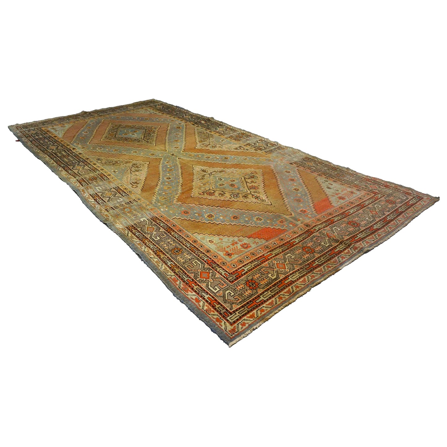 Vintage East Turkestani Khotan Wool 7x13 Taupe, Light Blue & Salmon Handmade Gallery Rug #9902130