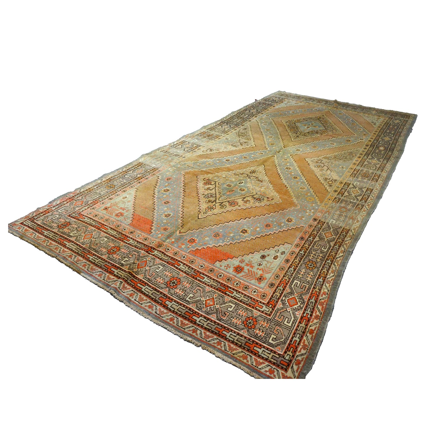 Vintage East Turkestani Khotan Wool 7x13 Taupe, Light Blue & Salmon Handmade Gallery Rug #9902130