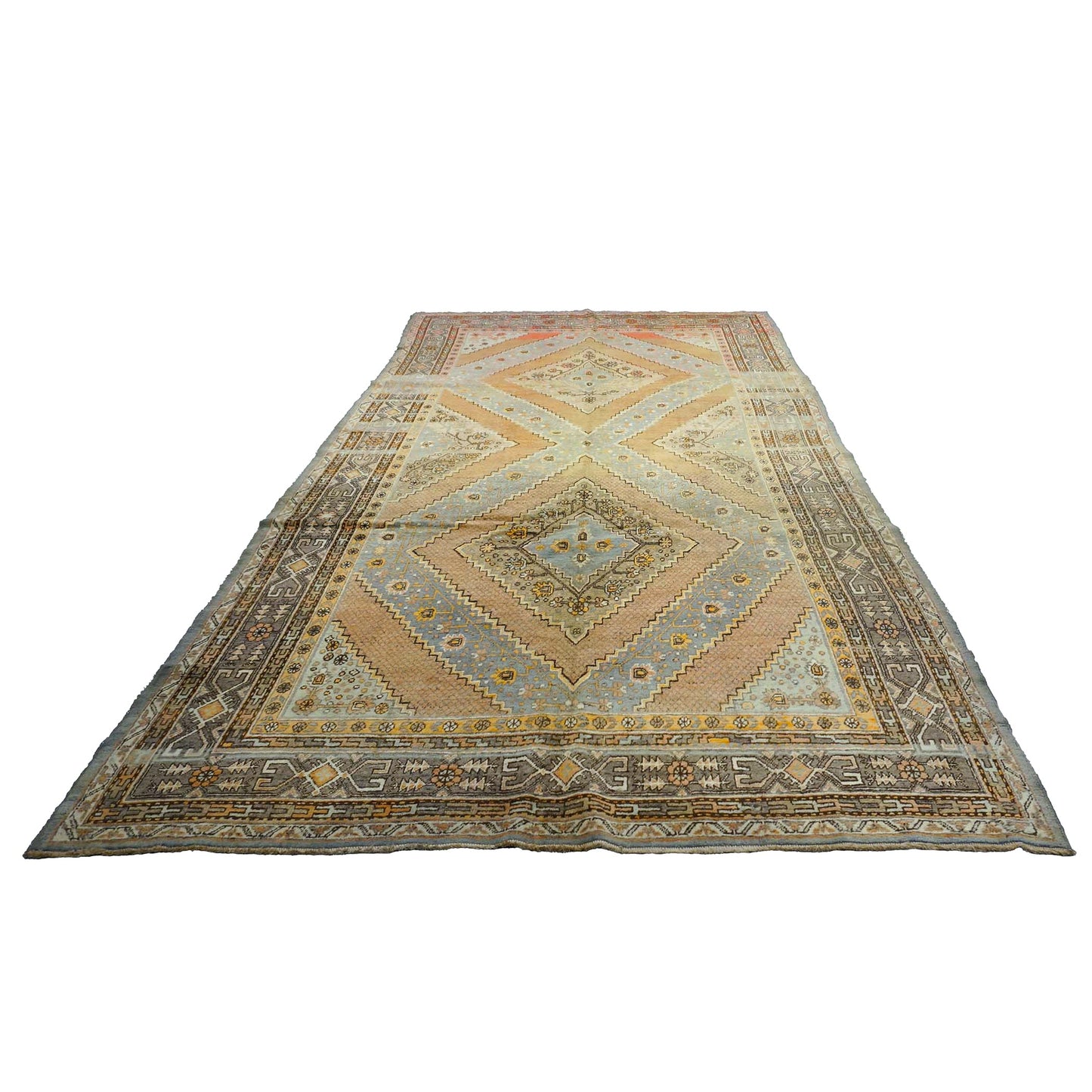 Vintage East Turkestani Khotan Wool 7x13 Taupe, Light Blue & Salmon Handmade Gallery Rug #9902130