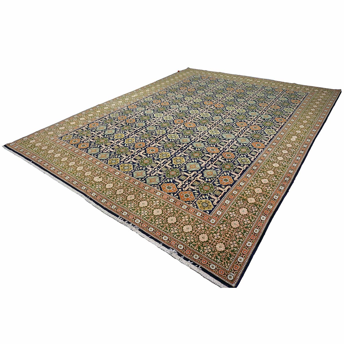 Persian Tabriz Wool 9x13 Olive, Ivory & Navy Handmade Area Rug #9902143