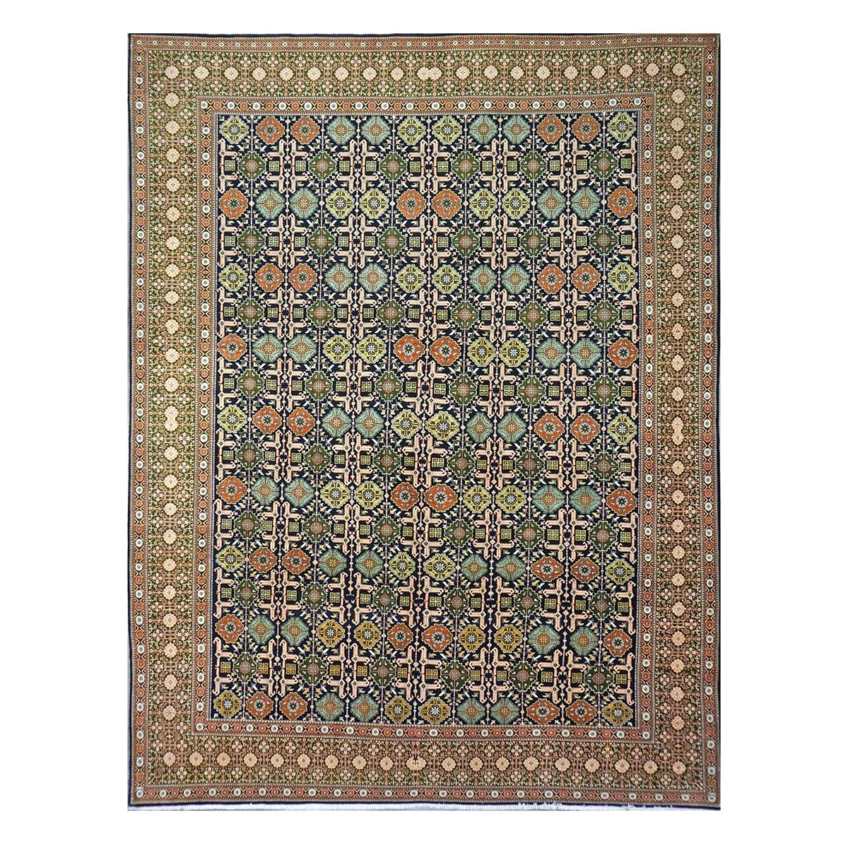 Persian Tabriz Wool 9x13 Olive, Ivory & Navy Handmade Area Rug #9902143