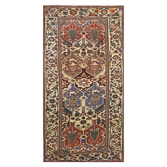 Vintage Persian Baktiari Wool 5x10 Ivory, Taupe & Red Handmade Gallery Rug # 9902152