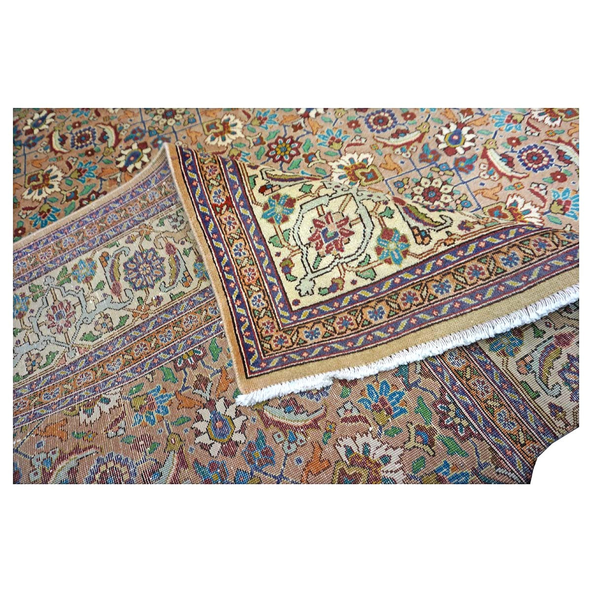 Antique Persian Tabriz Wool 7x9 Tan & Ivory Handmade Area Rug #9902154
